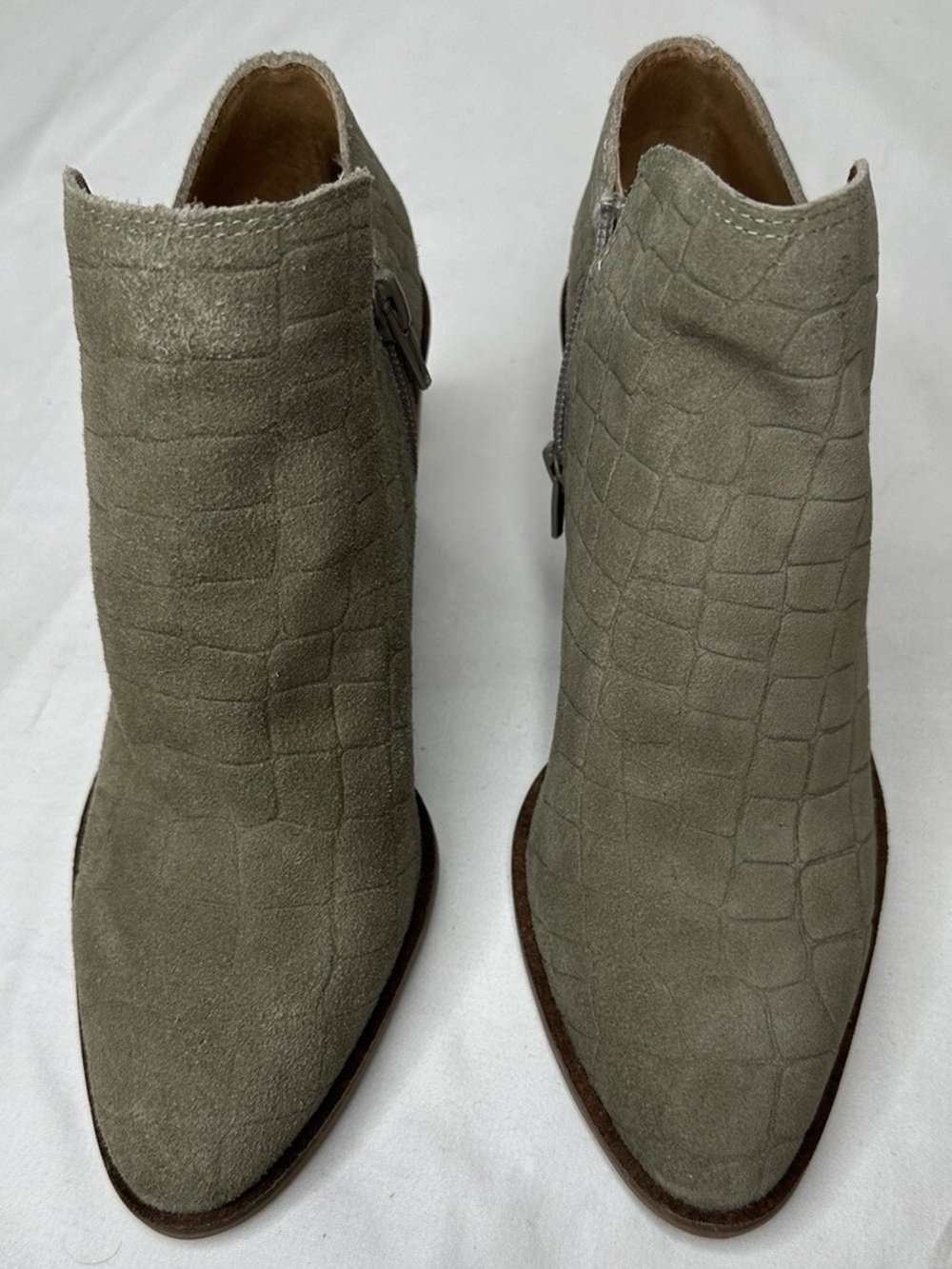 Lucky Brand Taupe Croc-Embossed Suede Ankle Booties Olive
